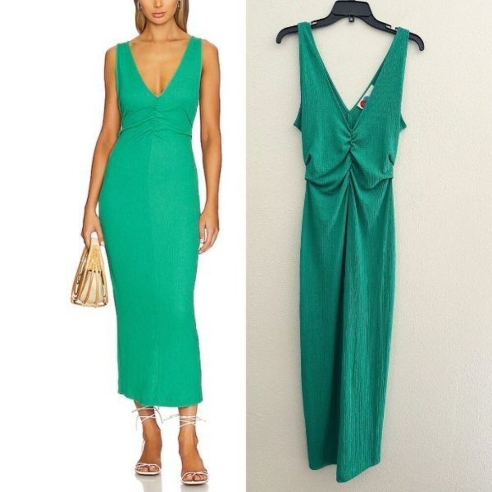 Free People Beach Lyla Midi Dress Ruched Golf Green Back Slit V Neck Women Small